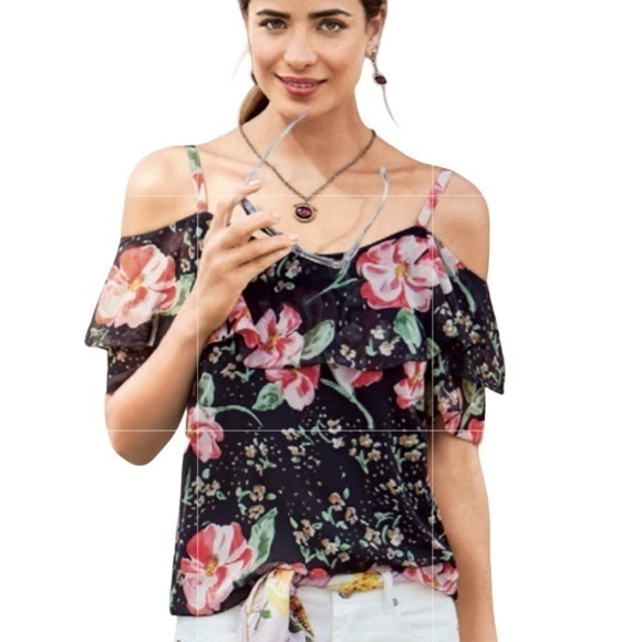 Cabi Fairytale Floral Flutter Sleeve Exposed Shoulder Black Pink Cami Blouse - Picture 1 of 7